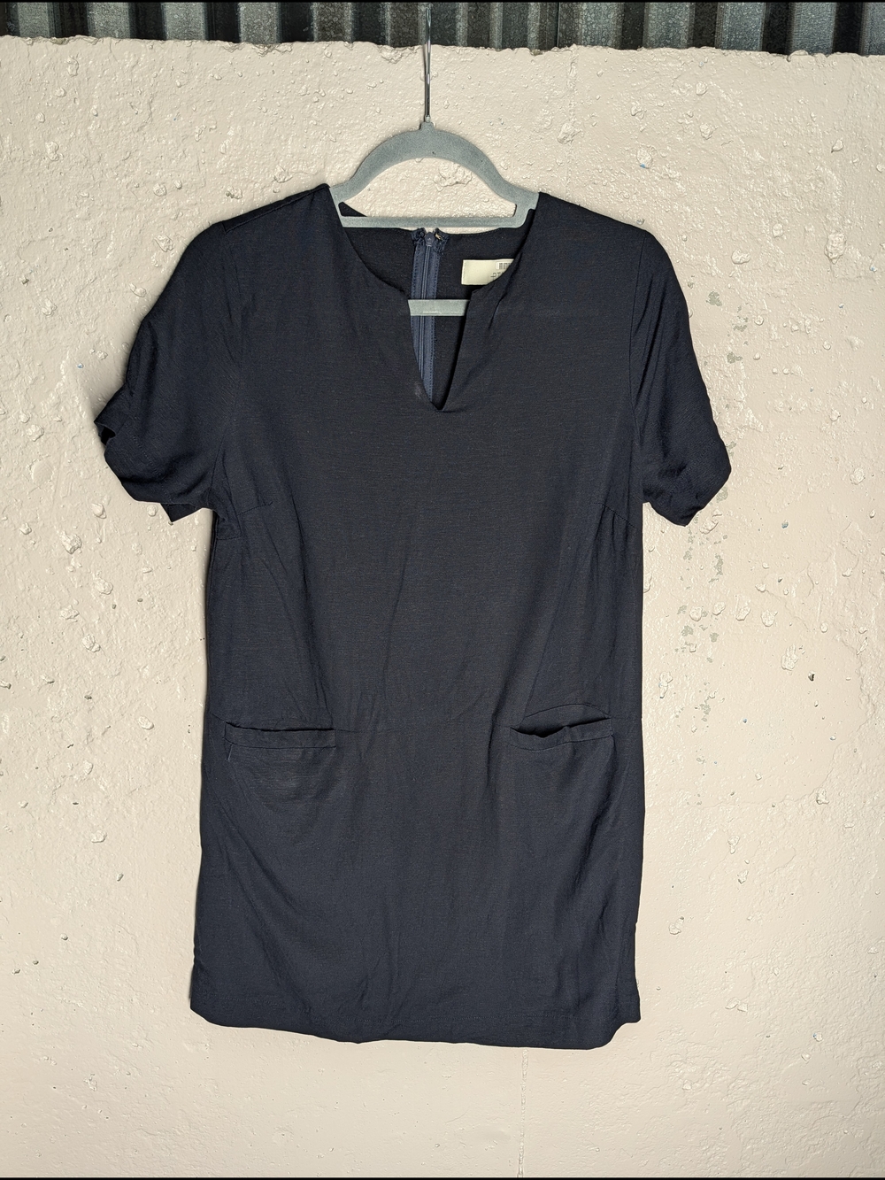 Pinch Black Linen Blend Tunic Dress Medium Minimalist Short Sleeve Pocket Dress